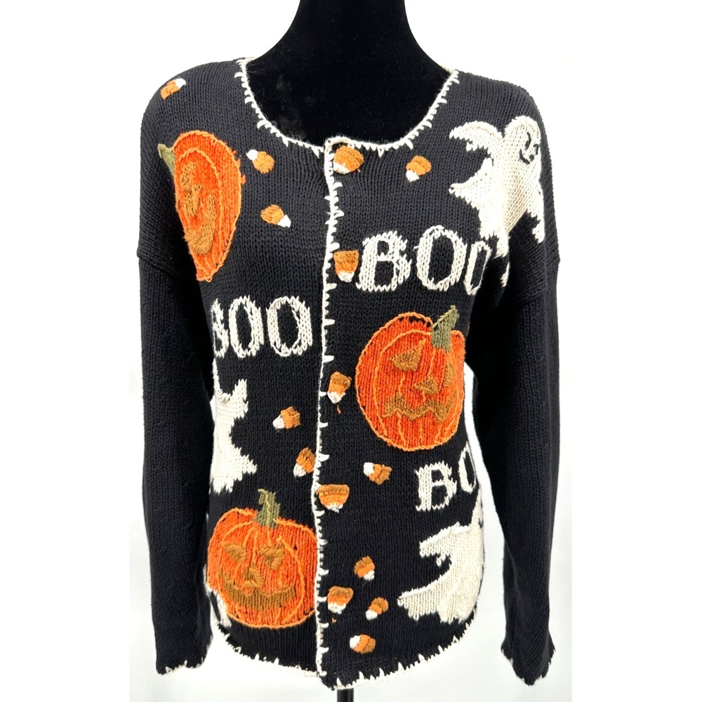 Casual Corner Womens Crew‎ Neck Cardigan Large Black Halloween Ghosts Cotton